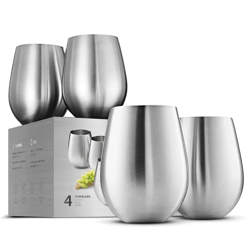 18oz Stainless Steel Stemless Wine Glass Set of 4 - Unbreakable, Portable for Outdoor Events