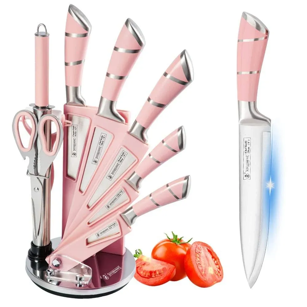 Knife Set, 9-Piece White Professional Kitchen Knife Set for Chef, Super Sharp Knife Set with Acrylic Stand, Stainless Steel Knife Block Set for Kitchen with Sharpener and Scissors, Ergonomical Design