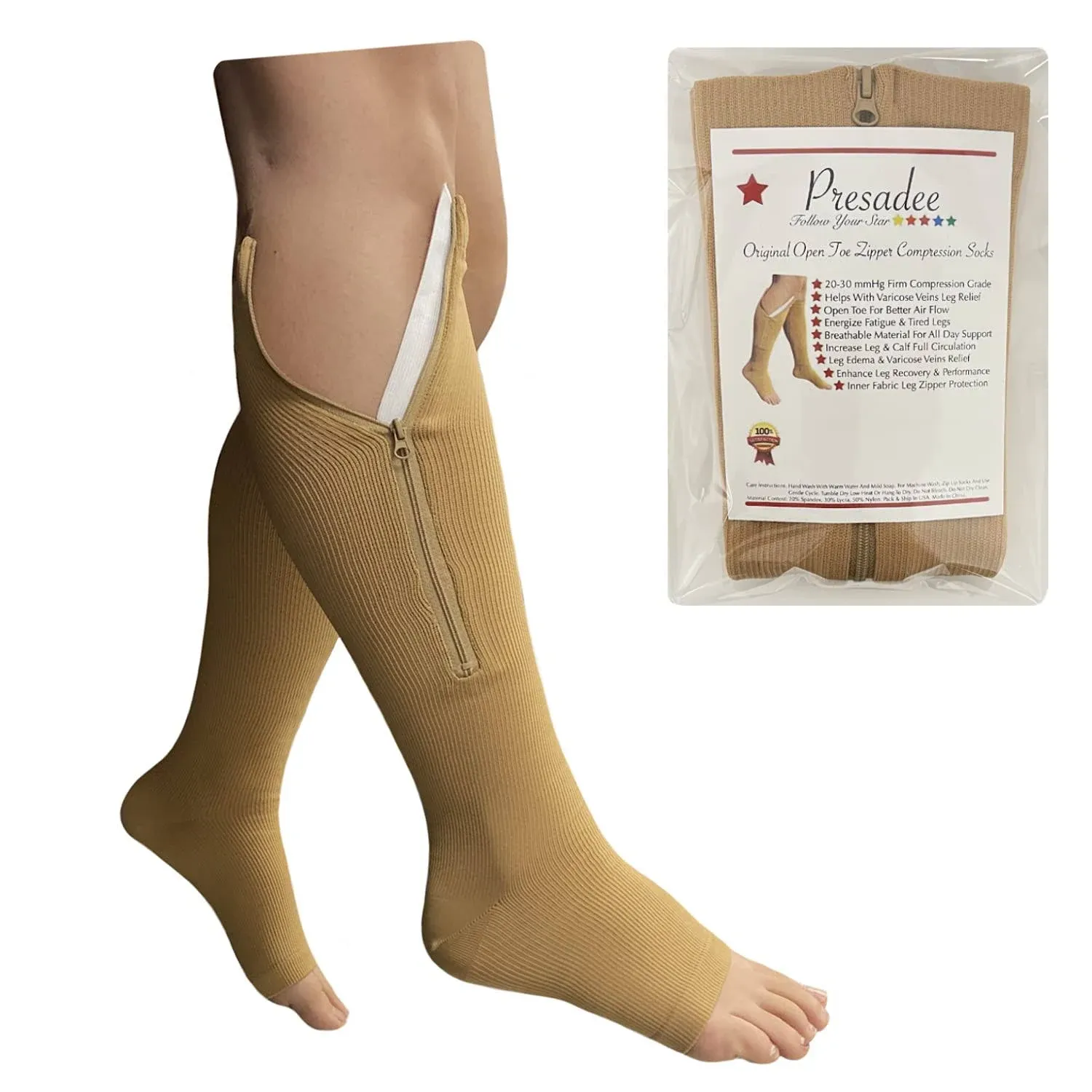 Original Open Toe 20-30 mmHg Firm Compression Circulation Zipper Socks (Beige, S/M)