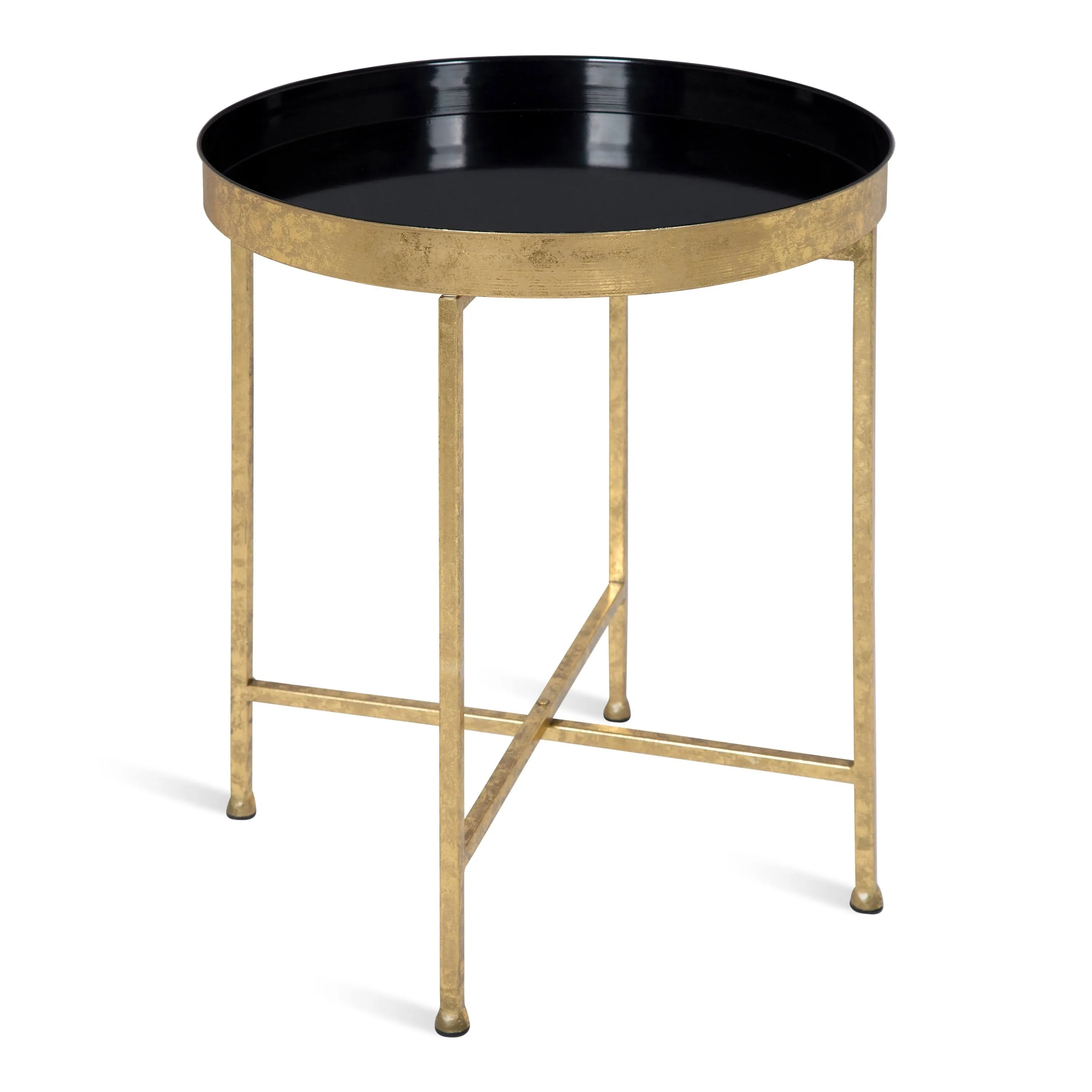 Kate and Laurel Celia Metal Foldable Round Accent Table, 18.25" x 18.25" x 22", Black Surface and Gold Frame, Modern Minimalist Design and Detachable Magnetic Tabletop