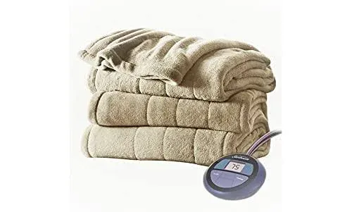 Sunbeam Queen Microplush Electric Heated Blanket with 10 Heat Settings, Prehe...