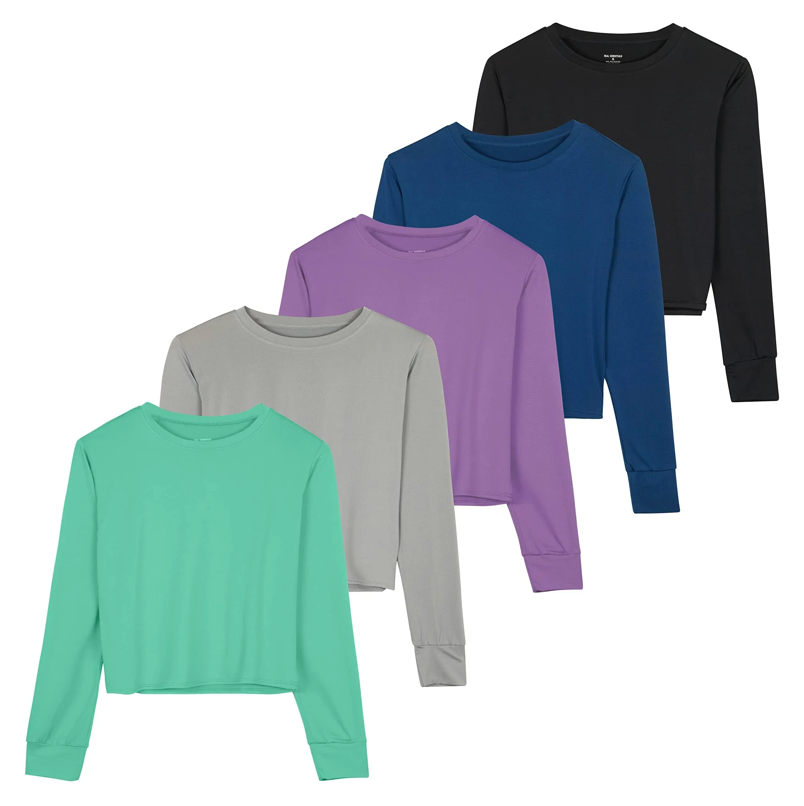 Real Essentials 5 Pack: Women's Dry Fit Crop Top - Long Sleeve Crew Neck Stretch ...