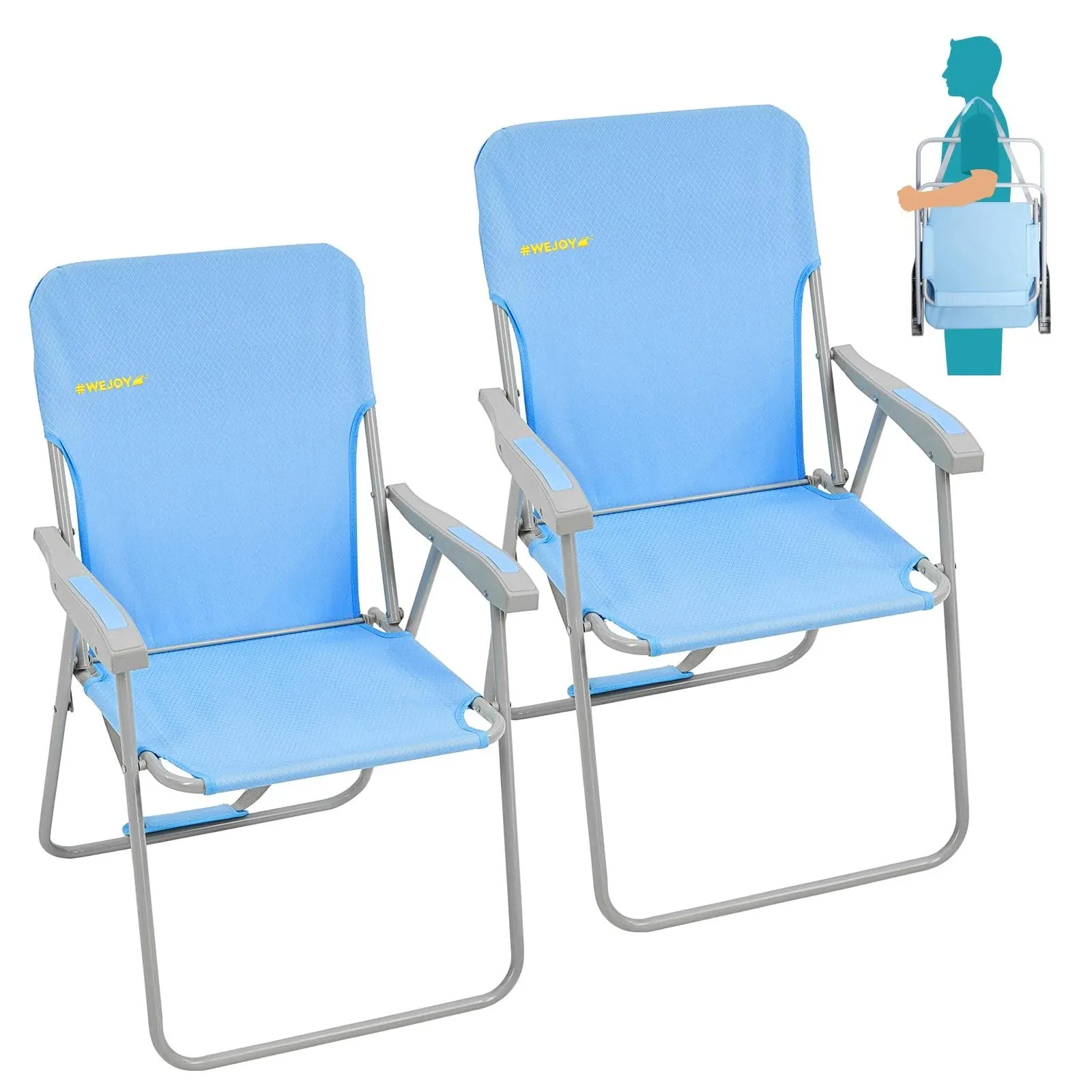 #WEJOY Folding Beach Chair for Adults, Lightweight Beach Chair with Shoulder Straps, High Back Beach Chairs with Hard Armrest, Supports 300lbs for Beach Lawn Concert, Cyan