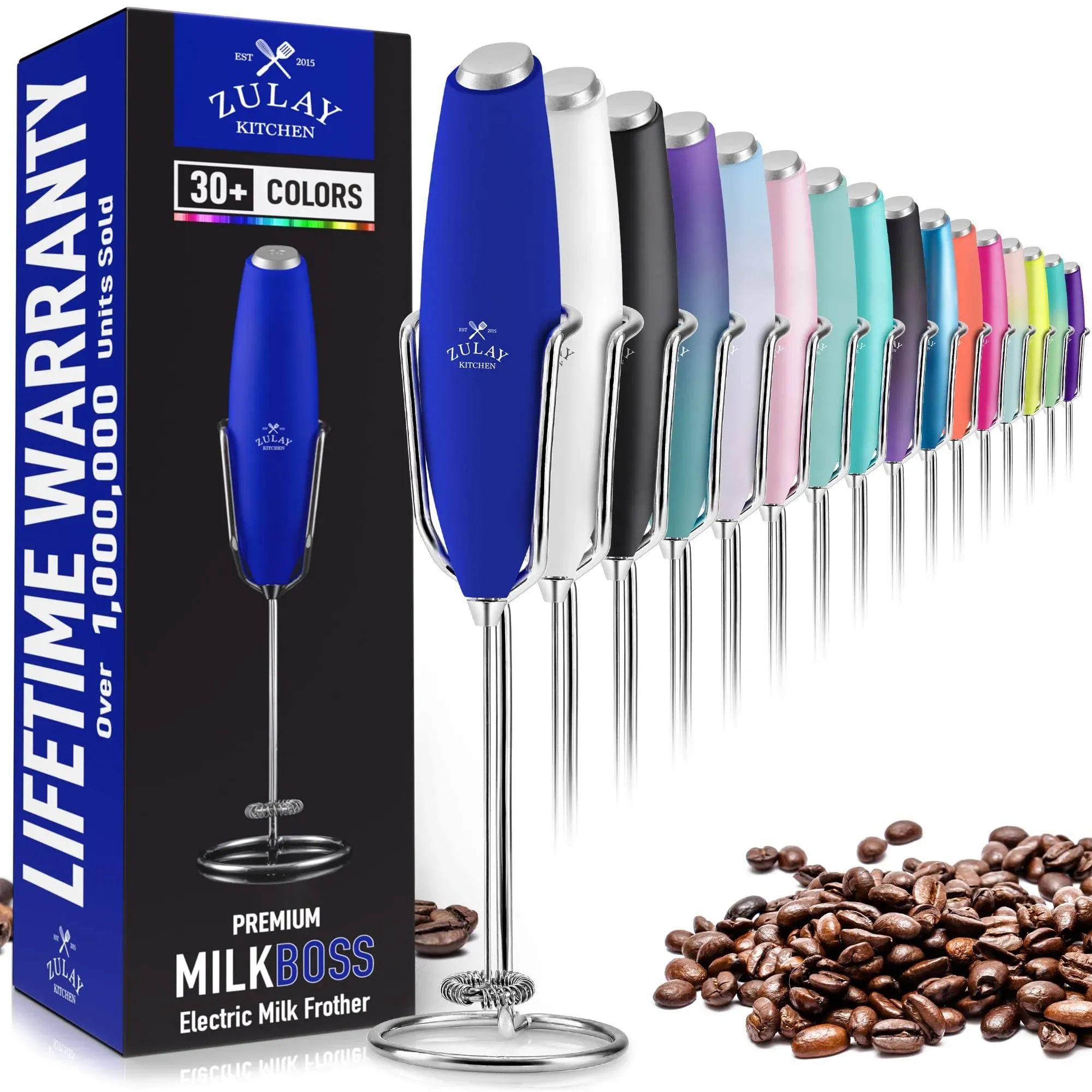 Zulay Kitchen Handheld High Speed Milk Frother with New Upgraded Holster Stand - Deep Blue