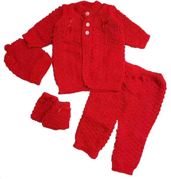 Baby Crochet Boy Blue Hat and Cardigan Sweater Pants Booties 4 Piece Outfit Set