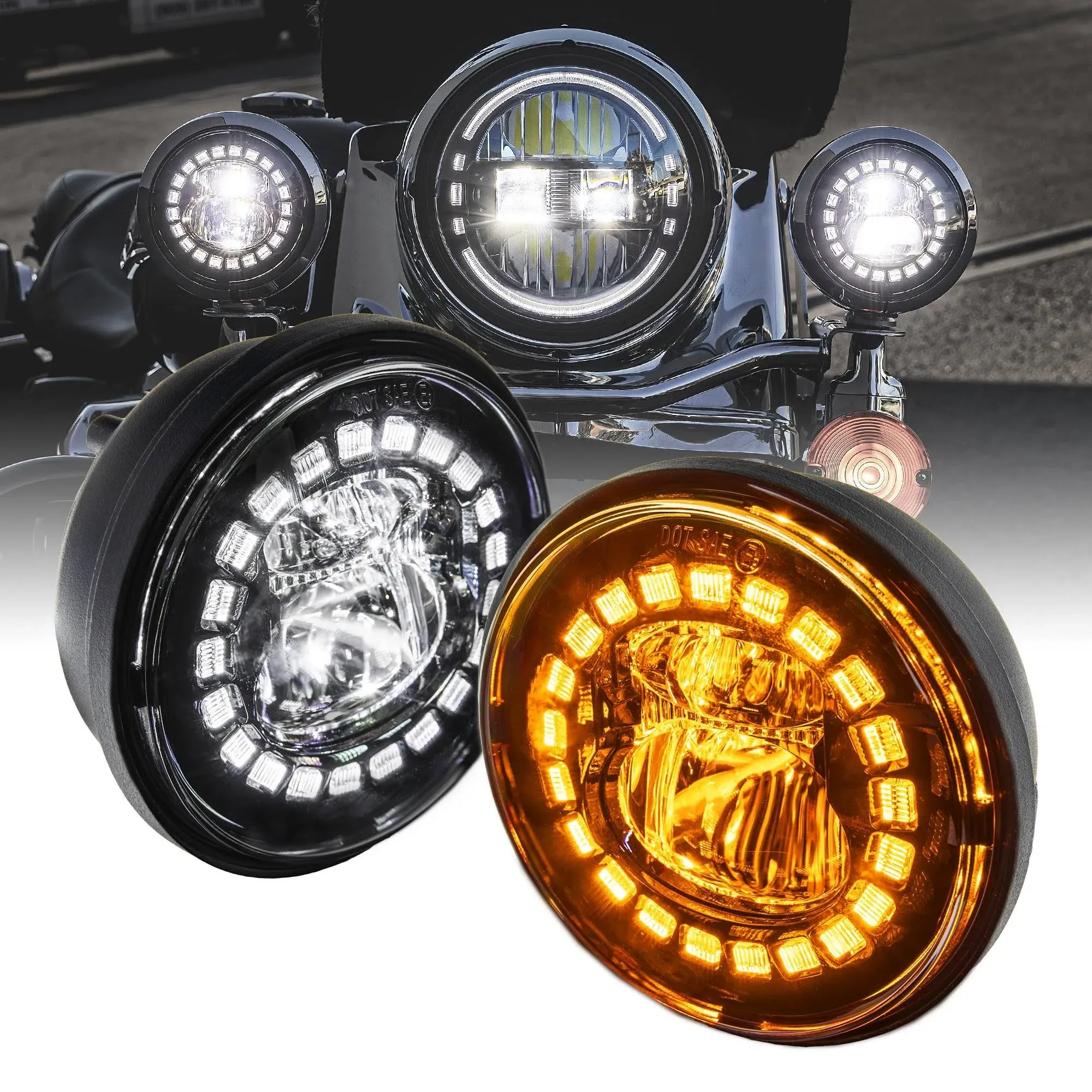 Black 4.5 inch Halo LED Fog Passing Lamp Lights w/ Turn Signal for Harley Davidson