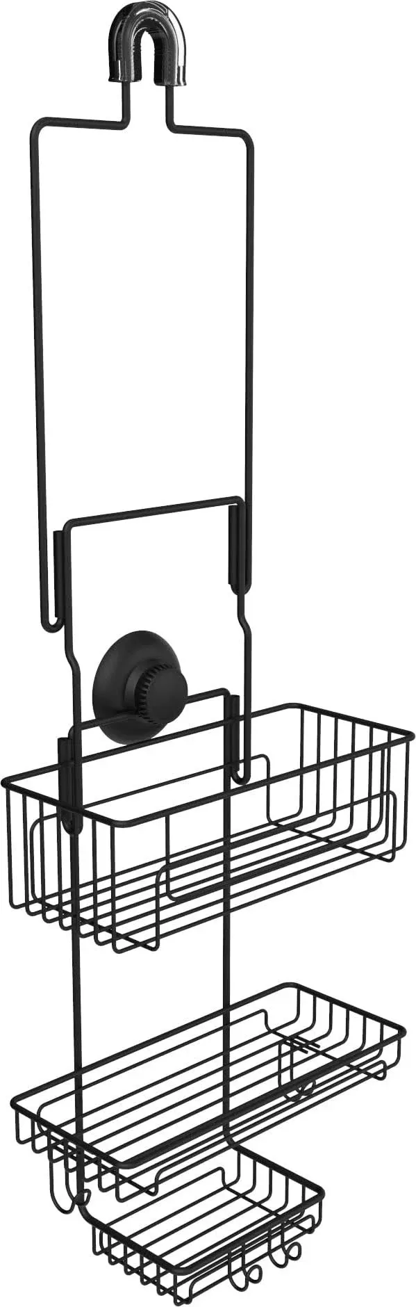 Gecko-Loc Extra Long Adjustable Hanging Shower Organizer with Deep Shelf - Over-the-Showerhead Storage for Shampoo, Soap & Bath Essentials - Durable Shower Shelves & Rack for a Tidy Bathroom (Black)