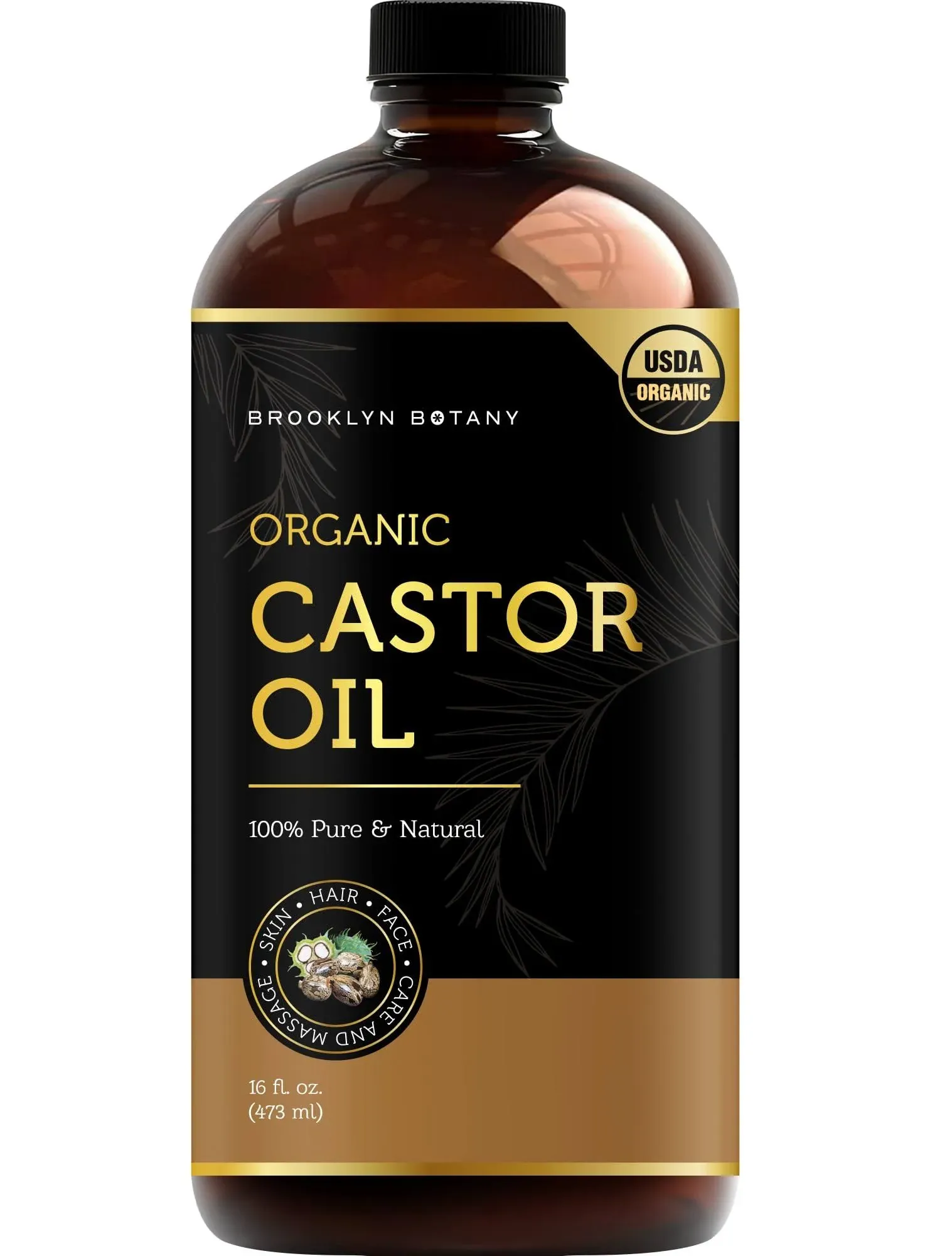 Brooklyn Botany Cold-Pressed Organic Castor Oil in Glass Bottle - 16 fl oz - 100% Pure and Natural - Premium Grade Oil for Hair Growth, Eyelashes