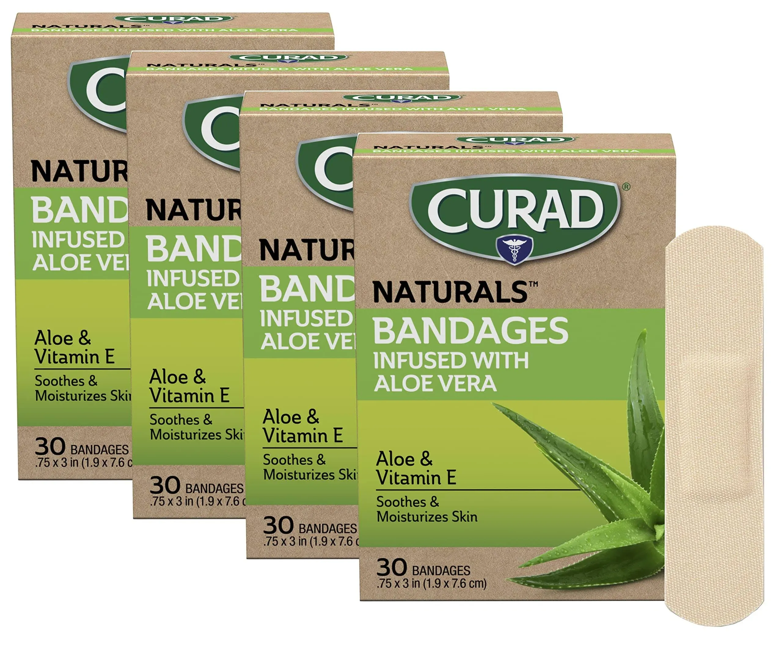 CURAD Naturals Aloe Vera & Vitamin E Bandages 0.75" x 3", Individually Wrapped Sterile Bandage, First Aid Kit Essential, Protects Scrapes and Cuts, Absorbent and Self-Adhesive, 30-Count - 4 Boxes