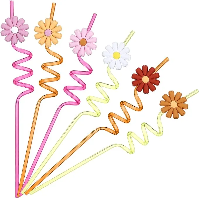 24 Pcs Plastic Flower Straws Groovy Daisy Flower Straws Reusable Straws Bulk Daisy Party Favors Flower Birthday Decorations for Summer Birthday Party, Multicolored (Cute Color)