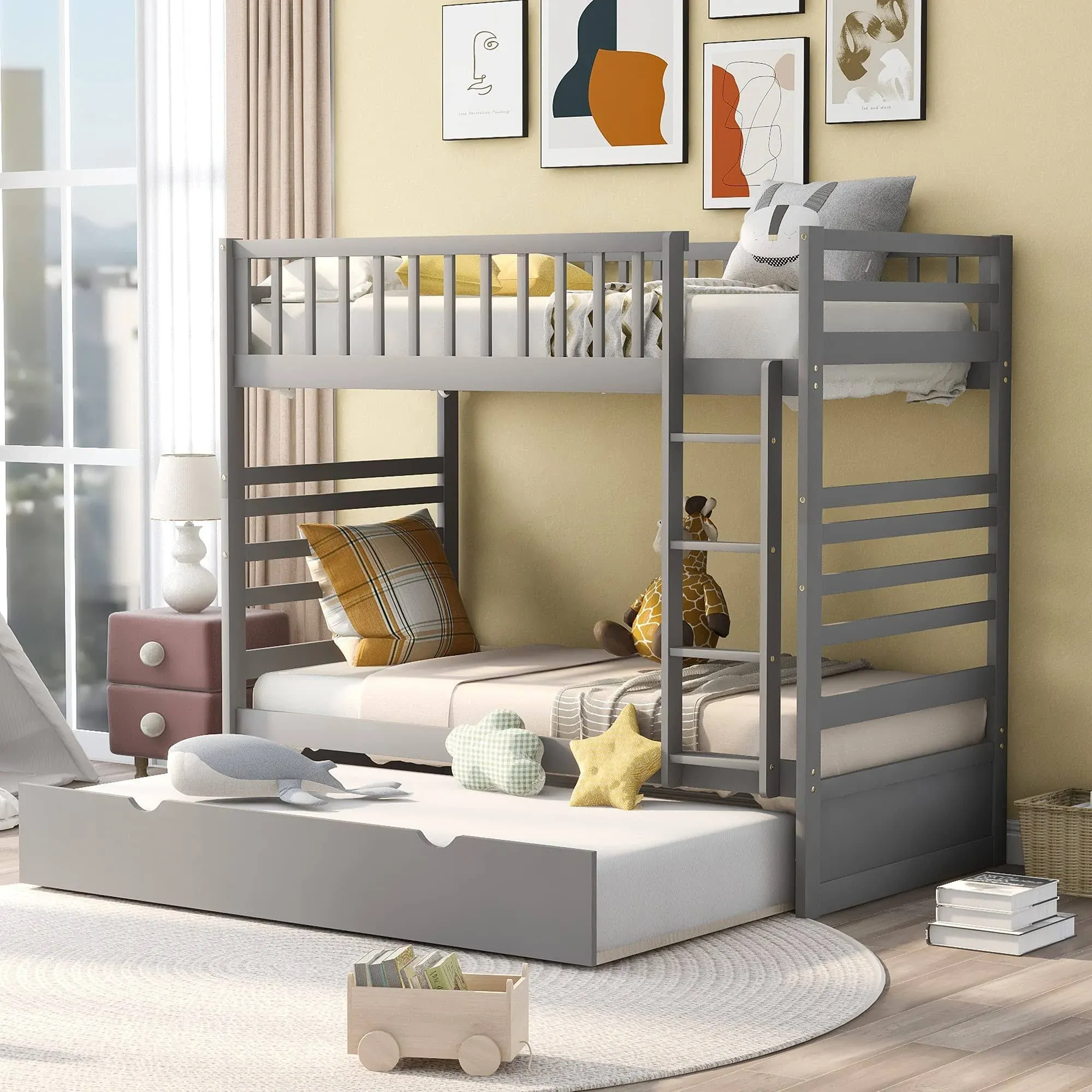 Harper & Bright Designs Wood Twin Over Full Bunk Bed with 2 Drawers,Twin-Over-Full Bed Frame with Ladder and Guardrail,Can Be Separated into 2 Beds,White