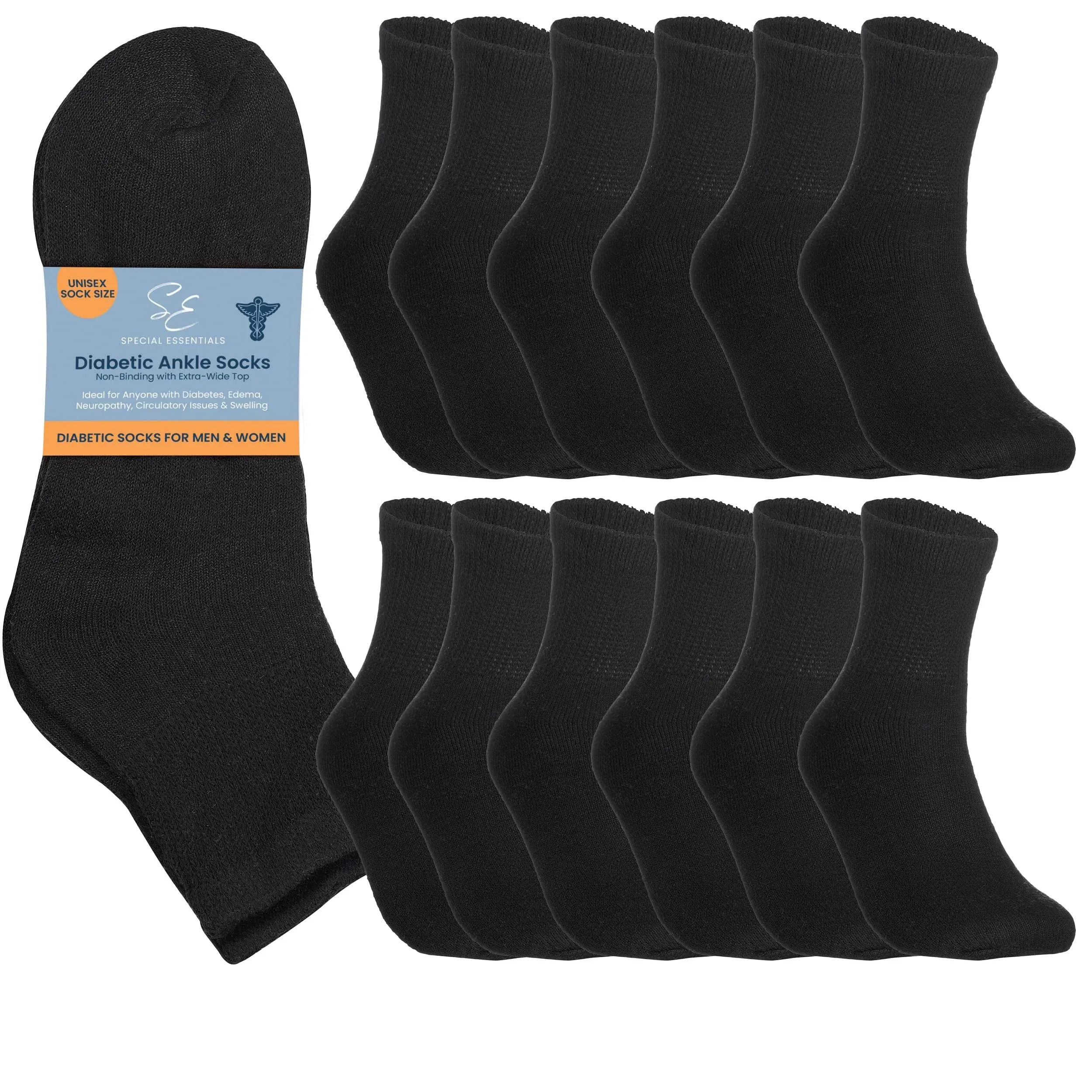 Special Essentials 12 Pairs Cotton Diabetic Ankle Socks - Non-Binding with Extra Wide Top for Men and Women Black 9-11