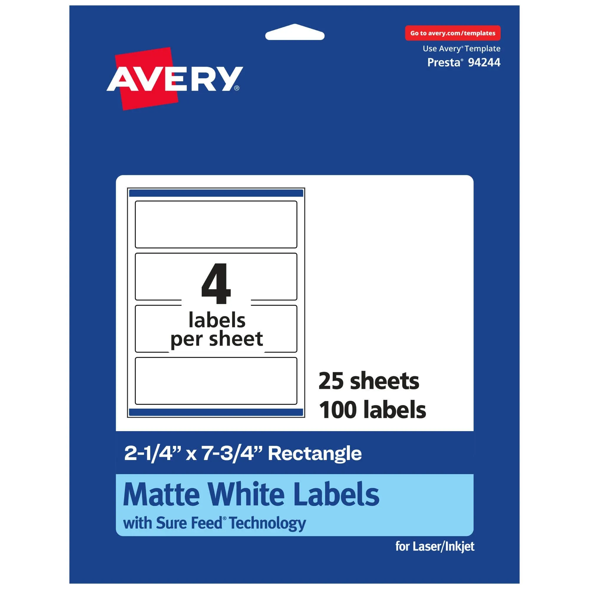 Avery Matte White Rectangle Labels with Sure Feed, 2.25" x 7.75", 100 Matte White Printable Labels