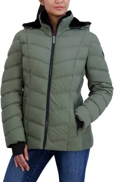 Nautica Women&#039;s Stretch Puffer Detachable Hood Fleece Pockets Jacket Green/Sage