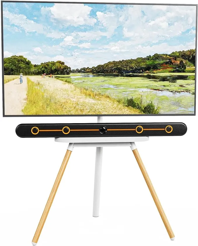 PUTORSEN Easel TV Stand for 42 43 to 65 Inch LED LCD OLED Screens, Portable Swivel Tripod TV Stand with Wooden Tray, Height Adjustable TV Floor Stand, Concealed Cable Management, Max Load 99lbs, White