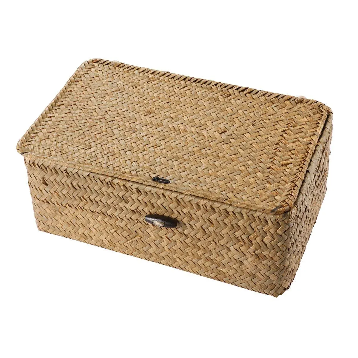 Rattan Storage Basket Makeup Organizer Multipurpose Container with Lid (M)