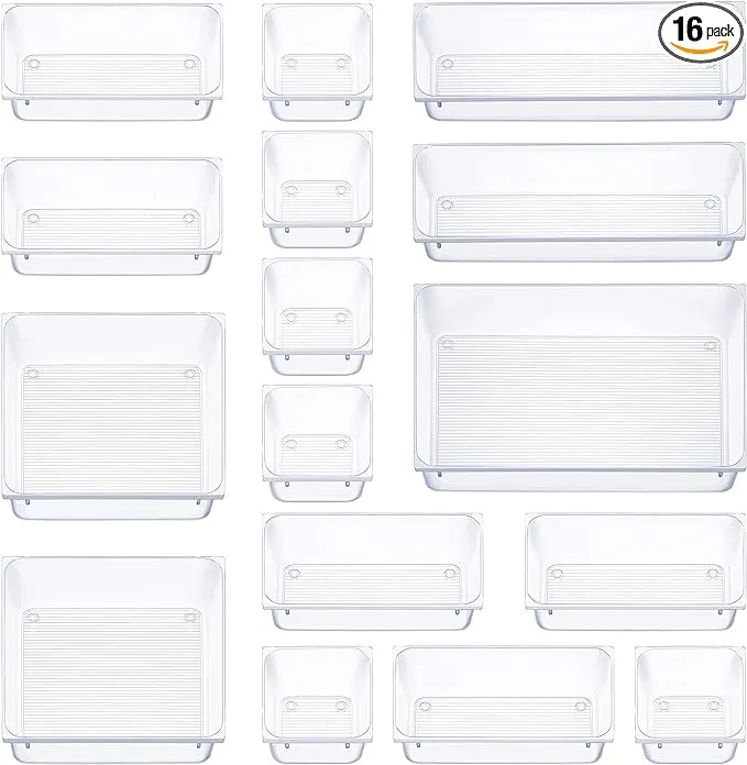 Seseno 16 Pcs Clear Plastic Drawer Organizers Set, 5-Size Versatile Bathroom and Vanity Drawer Organizer Trays, Storage Bins for Makeup, Bedroom, Kitchen