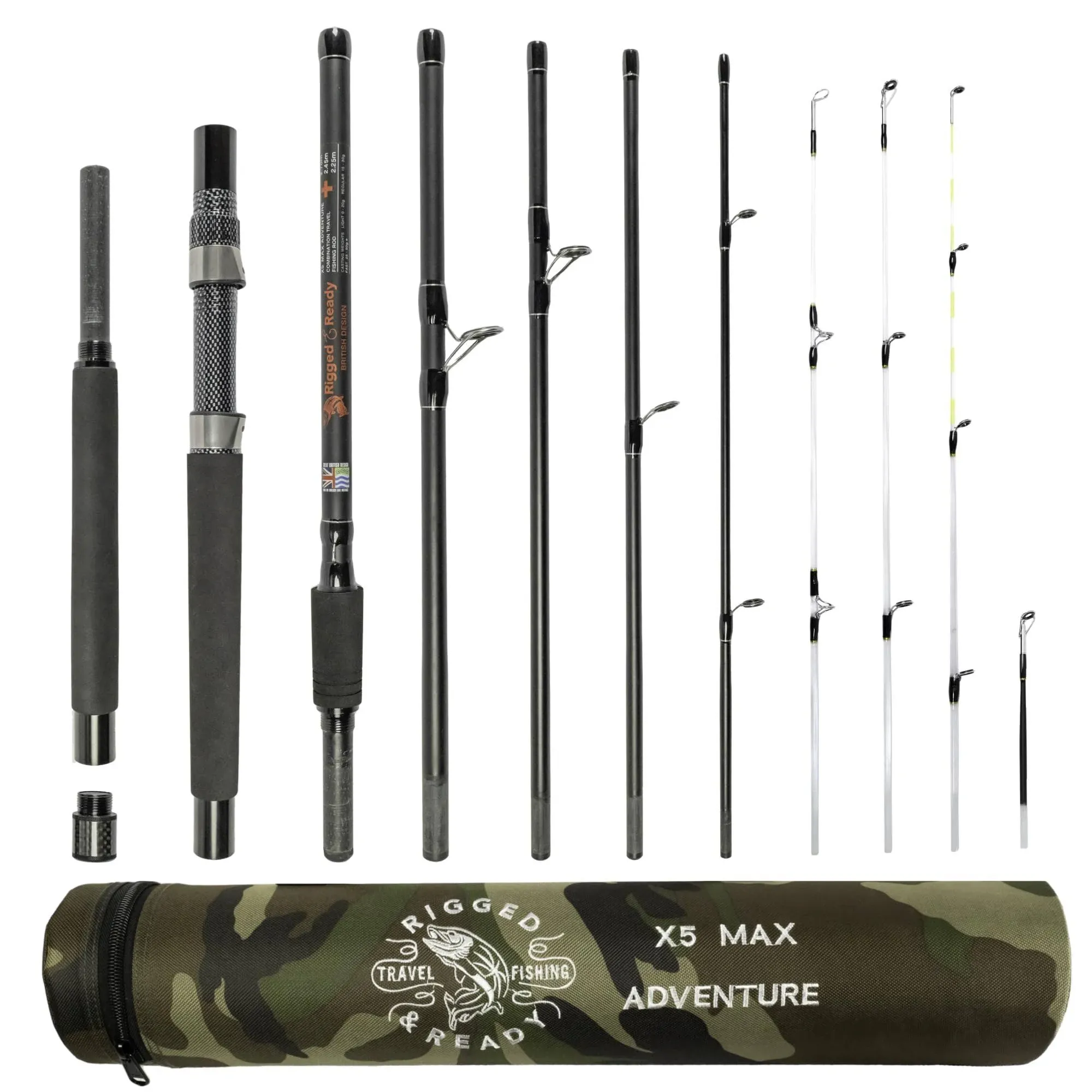 Rigged and Ready X5 Series Travel Fishing Rods Spin-Fly X5 Rod and 2 Reels Combination,X5 Rod,X5 Max Super Compact,Multi-Functional Rods,4 Tips,5 Techniques 1 Fishing Rod.