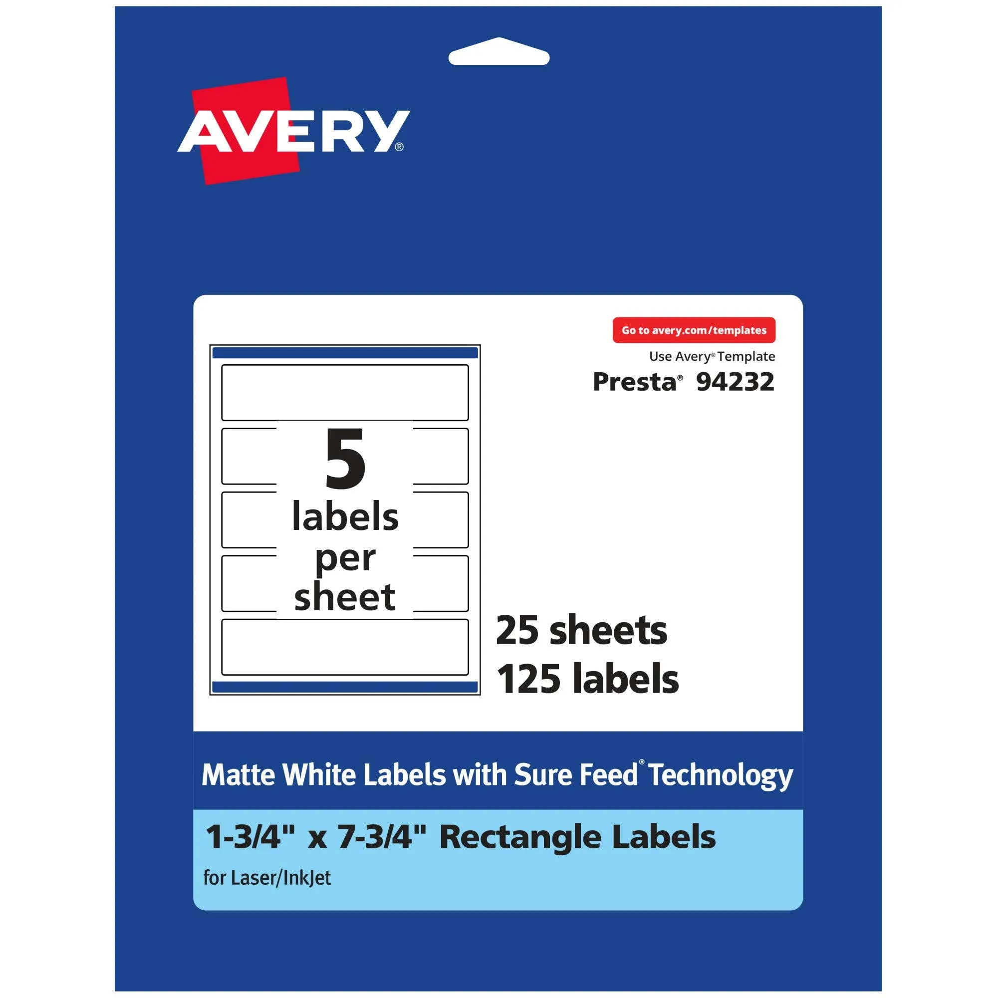 Avery Matte White Rectangle Labels with Sure Feed, 1.75" x 7.75", 125 Matte White Printable Labels