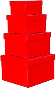 Cypress Lane Square Rigid Gift Box, a Nested Set of 4, 3.5x3.5x2 to 6x6x4 inches (Red)