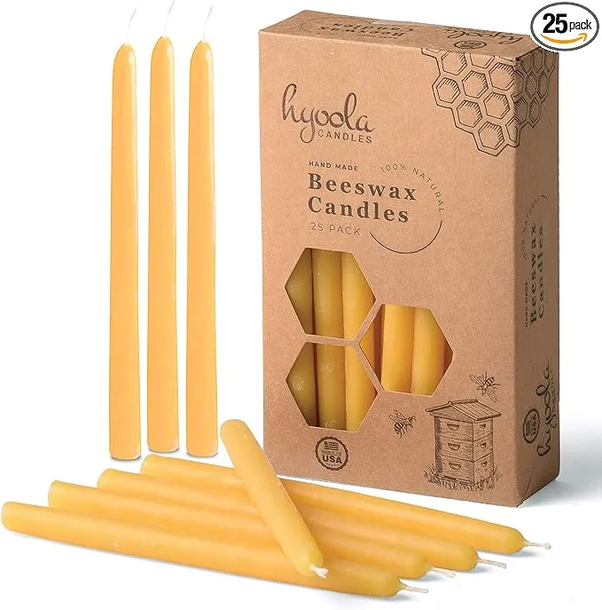 Hyoola Thin Beeswax Taper Candles – 25 Pack – Handmade, All Natural, 100% Pure ...