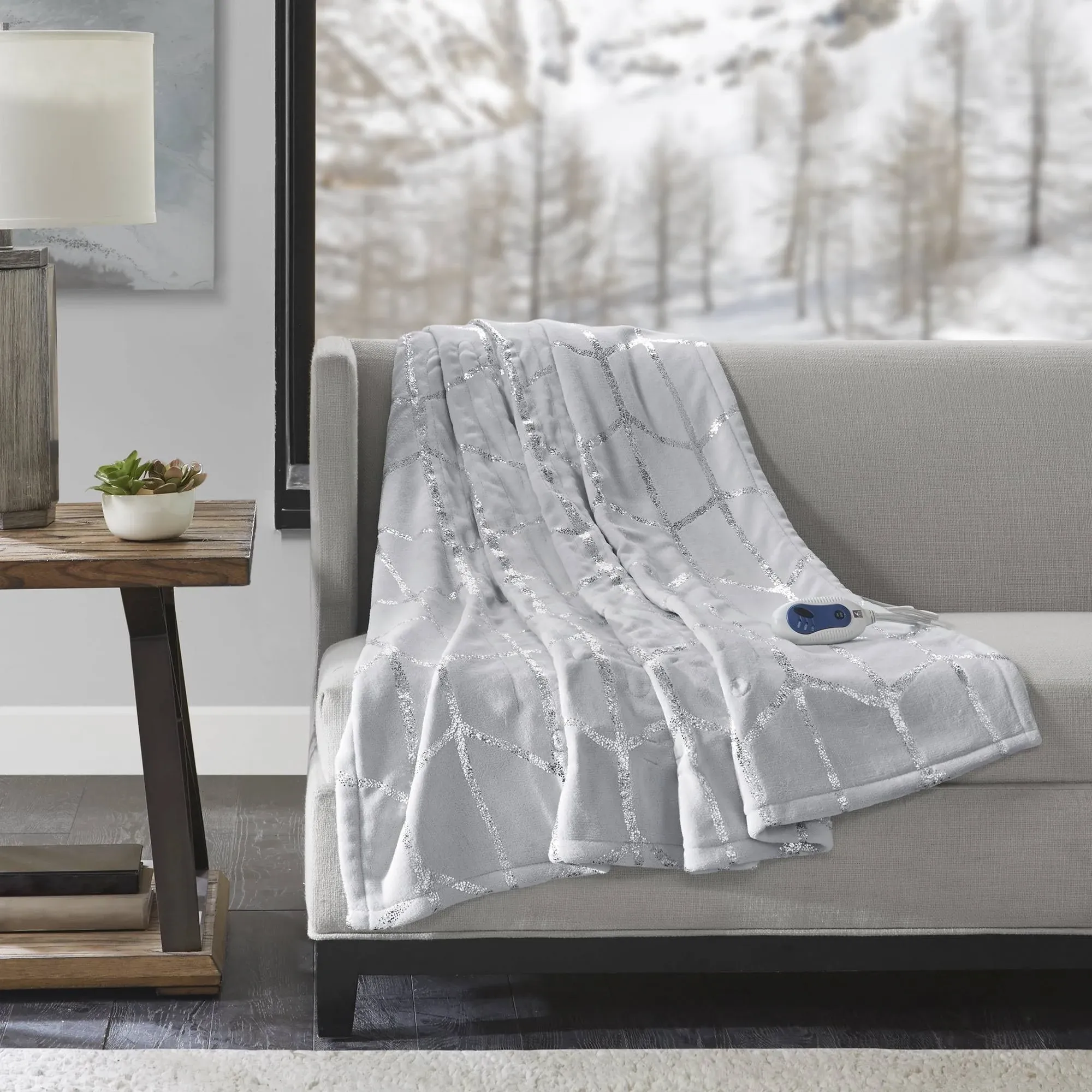 Raina Heated Metallic Print Throw - Grey - 50x60"